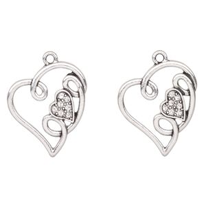 Charm, antique silver-finished "pewter" (zinc-based alloy) and glass, clear, 25x23mm open heart with "Love". Sold per pkg of 2.