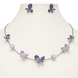 Necklace and earring set, enamel / resin / stainless steel / imitation rhodium-plated steel / "pewter" (zinc-based alloy), matte and opalescent black / lavender / white, butterfly, 18-inch necklace with 2-inch extender chain and lobster claw clasp, 19x18mm butterfly with post. Sold per set.