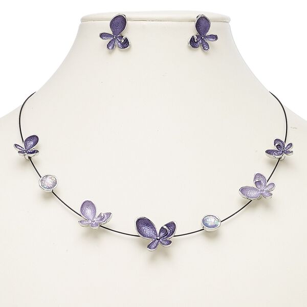 Necklace and earring set, enamel / resin / stainless steel / imitation rhodium-plated steel / "pewter" (zinc-based alloy), matte and opalescent black / lavender / white, butterfly, 18-inch necklace with 2-inch extender chain and lobster claw clasp, 19x18mm butterfly with post. Sold per set. image number 0
