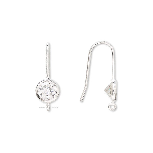 Ear wire, sterling silver and cubic zirconia, clear, 17mm fishhook with 6mm faceted round and open loop, 21 gauge. Sold per pair. image number 0