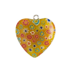 Component 1pkg1, silver-finished steel / millefiori glass, translucent orange / multicolored, 24-25mm puffed heart.