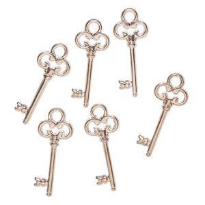 Charm, "pewter" (zinc-based alloy), pkg/6, 21x8mm key, rose gold finish.
