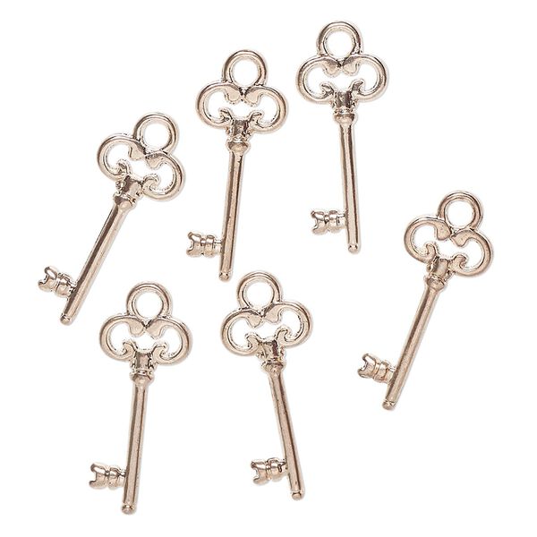 Charm, "pewter" (zinc-based alloy), pkg/6, 21x8mm key, rose gold finish. image number 0