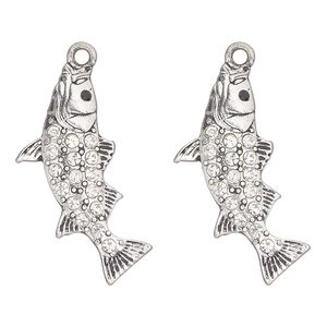 Focal, antique silver-finished "pewter" (zinc-based alloy) and glass, clear and black, 30x19mm single-sided fish. Sold per pkg of 2.