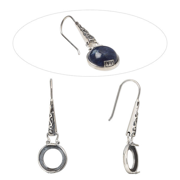Earring, antiqued sterling silver, 42.5mm fishhook with dot and fancy design and open back with 12mm 2-prong round cabochon setting. Sold per pair. image number 0