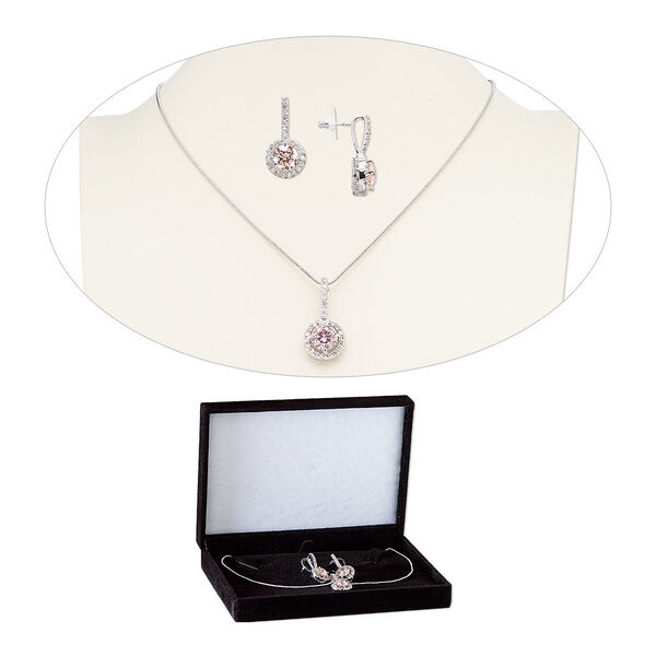 Necklace and earring set, cubic zirconia / stainless steel / rhodium-finished brass, pink and clear, 30mm dangle, 15" to 16" necklace with 2-inch extender chain and lobster claw clasp, 30mm earrings with post. Sold per set. image number 0
