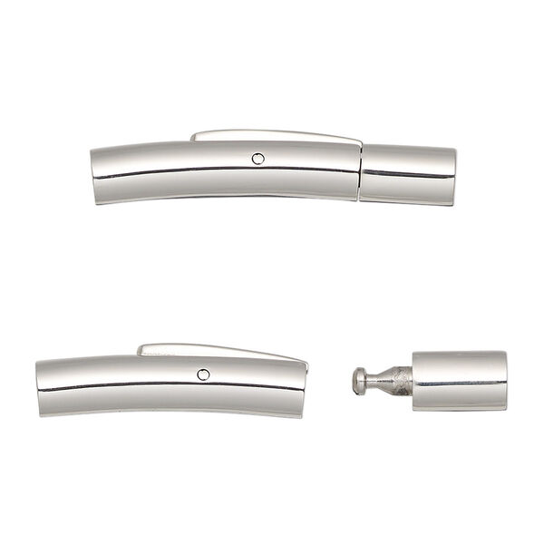 Clasp, bullet, stainless steel, 30x6.5mm curved round tube with push button and glue-in ends, 3mm inside diameter. Sold individually. image number 0