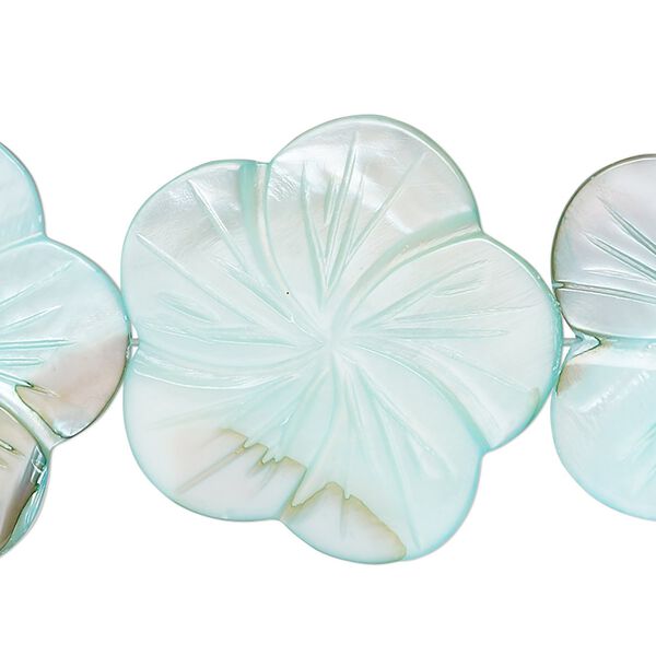 Bead, mother-of-pearl shell (dyed), aqua blue, 29x28mm-31x30mm carved flower, 0.6-0.8mm hole, Mohs hardness 3-1/2. Sold per 15-1/2" to 16" strand. image number 0