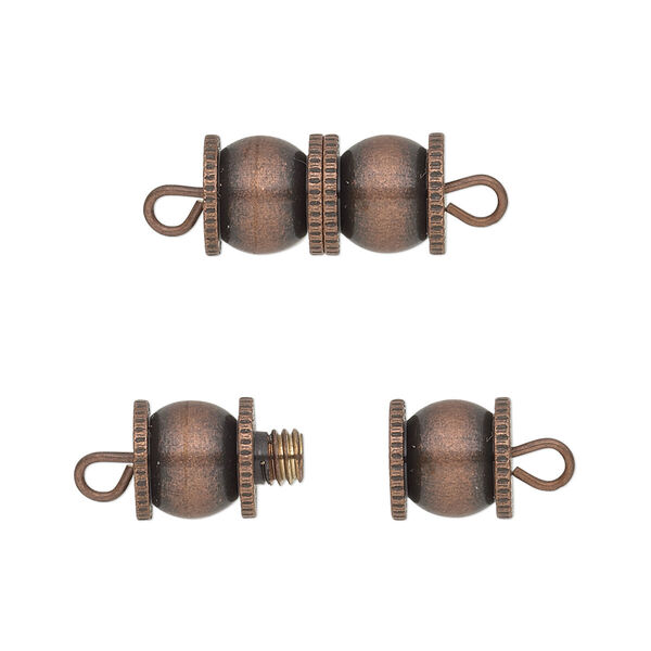 Clasp, barrel, antique copper-finished brass, 16x8mm fancy double round. Sold per pkg of 4. image number 0