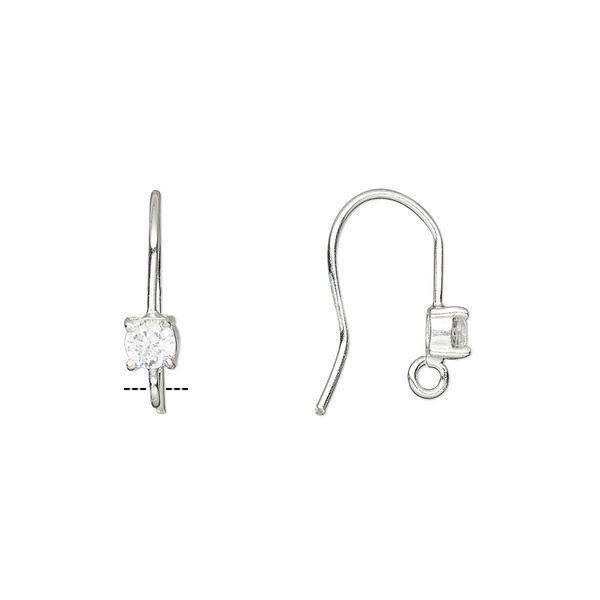 Ear wire, sterling silver and cubic zirconia, clear, 16.5mm fishhook with 3.5mm faceted round and open loop, 21 gauge. Sold per pair. image number 0