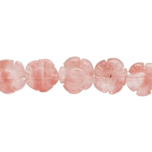 Bead, cherry "quartz" glass, 10mm carved flat flower with 0.6-0.8mm hole. Sold per 15-1/2" to 16" strand.
