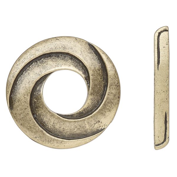 Clasp, 3-strand toggle, antique brass-finished "pewter" (zinc-based alloy), 35mm round swirl. Sold individually. image number 0