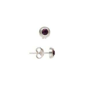 Earring 1pkg2 sterling silver, 6mm flower earstud / earnuts, glass amethyst purple 1 pair
