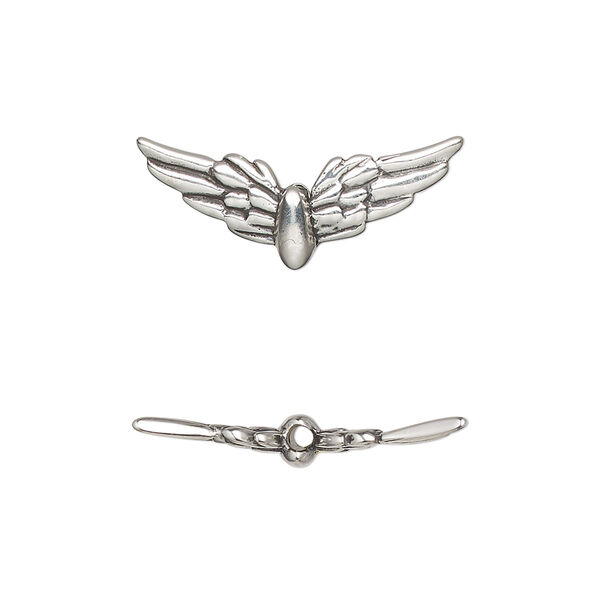 Bead, antiqued sterling silver, 24x9mm double-sided wings. Sold individually. image number 0
