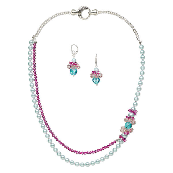 Necklace and earring set, One of a Kind Jewelry, silver-plated brass / glass / crystal, aqua and pink, 22-inch necklace. Only one available. image number 0