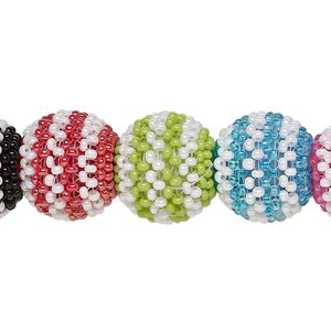 Bead, glass, opaque multicolored, 13mm round with multi-vertical stripe design. Sold per pkg of 12.