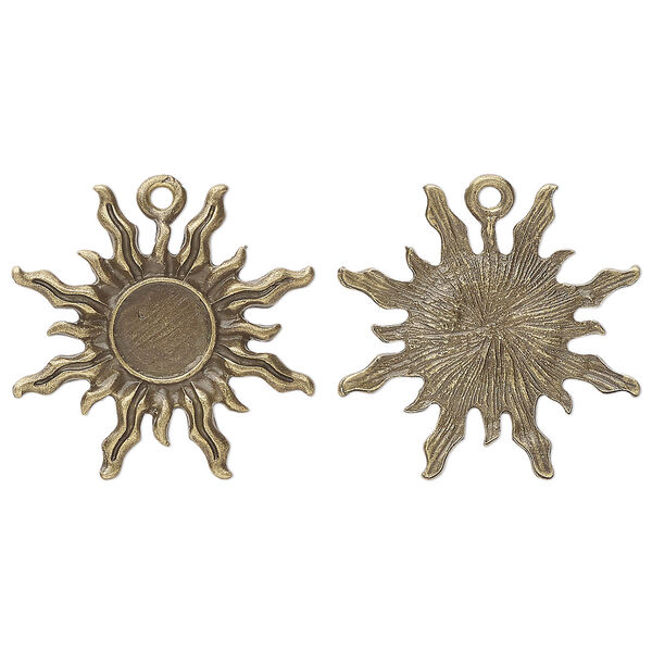 Drop, glue-in, antique brass-finished "pewter" (zinc-based alloy), 27mm single-sided sun with 8mm round setting. Sold per pkg of 4. image number 0