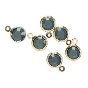 Drop, glass rhinestone and gold-finished brass, zircon blue, 8-9mm faceted round. Sold per pkg of 6.
