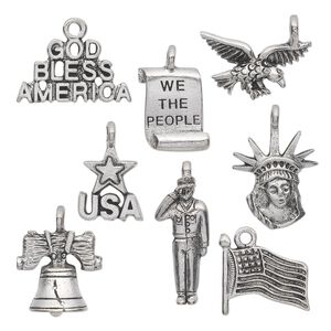 Charm set, antiqued pewter (tin-based alloy), 14.5x9mm-23.5x18.5mm patriotic theme. Sold per 8-piece set.