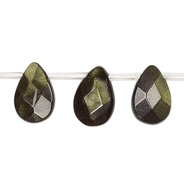 Bead, green goldstone (glass) (man-made), 14x10mm top-drilled faceted flat teardrop. Sold per 16-inch strand. image number 0