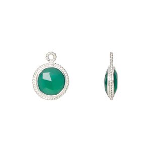 Drop, green onyx (dyed) and sterling silver, 9-11mm hand-cut double-sided faceted puffed round with rope edge design, B grade, Mohs hardness 6-1/2 to 7. Sold individually.