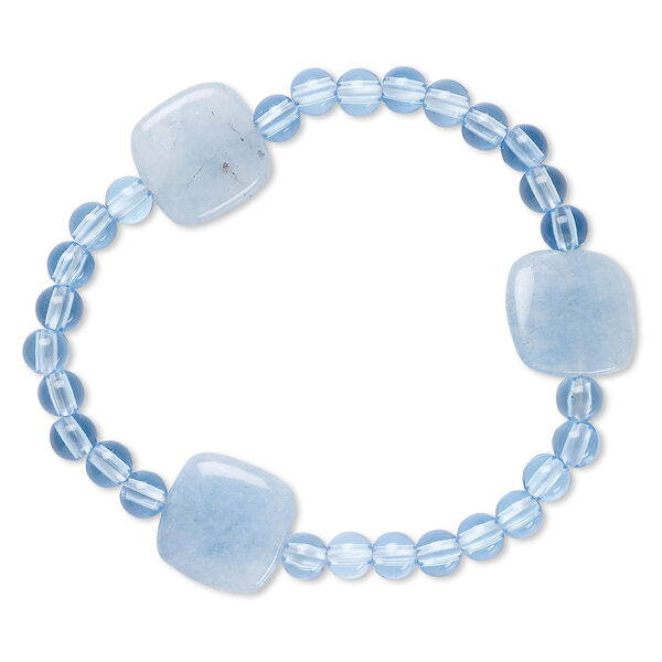 Bracelet, stretch, quartz (dyed) and acrylic, blue, 5mm round and 16-17mm flat square, 7 inches. Sold individually. image number 0