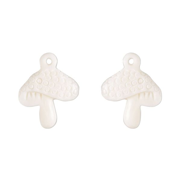Drop, bone (bleached), 15x15mm left- and right-facing hand-cut top-drilled single-sided carved mushroom. Sold per pair. image number 0