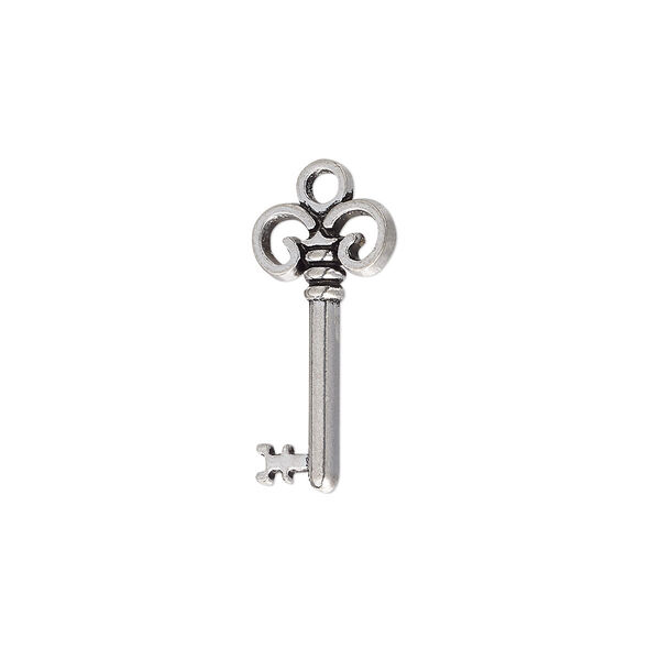 Charm, antique silver-plated "pewter" (zinc-based alloy), 24x11mm single-sided key. Sold per pkg of 20. image number 0