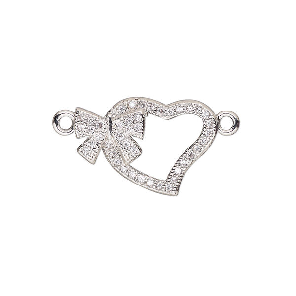 Link, cubic zirconia and silver-finished brass, clear, 18x13mm single-sided open heart with bow. Sold individually. image number 0