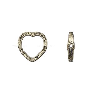 Bead frame, antique gold-finished "pewter" (zinc-based alloy), 14mm open heart with hammered edge, fits up to 10mm bead. Sold per pkg of 2.