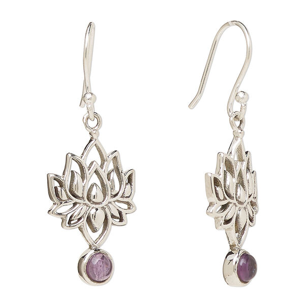 Ear wire, Create Compliments®, antiqued sterling silver and amethyst (natural), fishhook, 37.5mm with 22.5 x 14.5mm single-sided lotus, 21 gauge. Sold per pair. image number 0