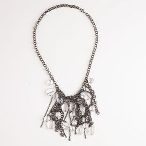 Necklace, steel and glass, pkg/18 inches with lobster claw clasp and 4-inch dangle, gunmetal finish and clear.