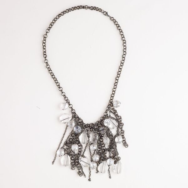 Necklace, steel and glass, pkg/18 inches with lobster claw clasp and 4-inch dangle, gunmetal finish and clear. image number 0