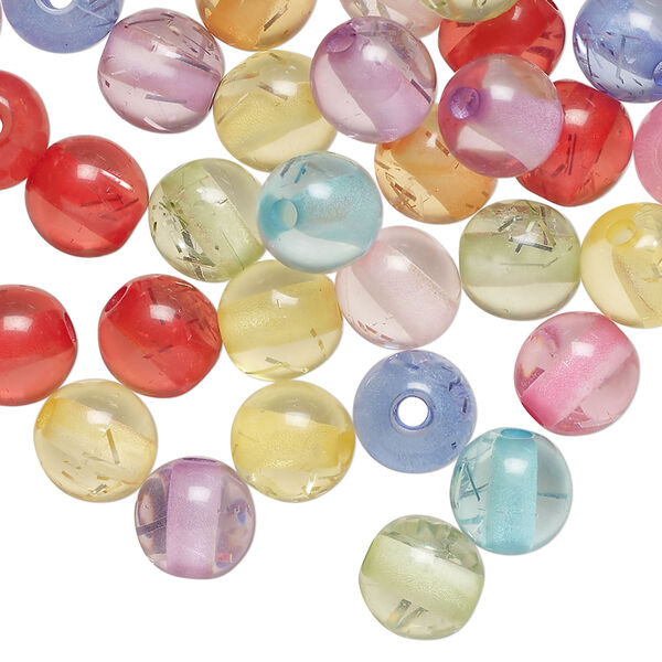 Bead mix, acrylic, translucent mixed colors with silver-colored foil, 8mm round. Sold per pkg of 100. image number 0