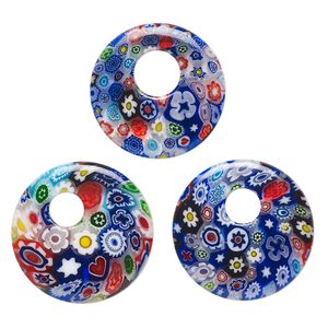 Component, millefiori glass, translucent multicolored, 24-26mm undrilled go-go with flower design. Sold per pkg of 3.