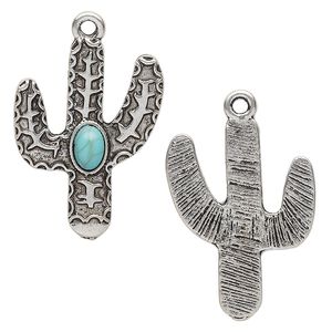Charm, "turquoise" (resin) (imitation) and antique silver-finished "pewter" (zinc-based alloy), turquoise blue, 27x20mm single-sided cactus. Sold individually.