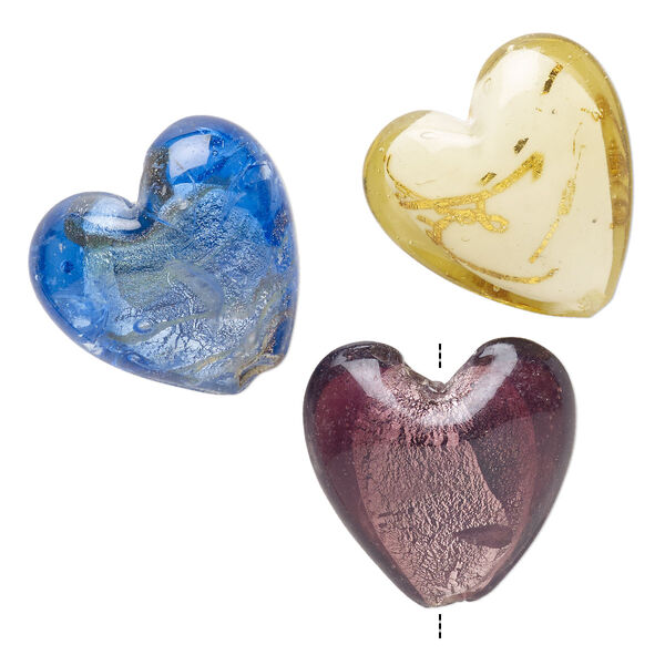 Bead mix, lampworked glass, pkg/3, opaque and translucent multicolored with silver-colored foil and copper-colored glitter, 34-37mm puffed heart. image number 0