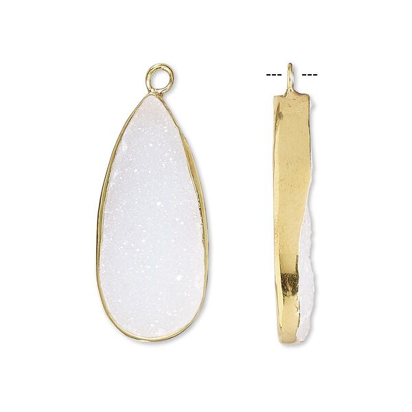 Drop, white druzy agate (natural) and gold-finished sterling silver, 27x12mm single-sided teardrop. Sold per pkg of 2. image number 0