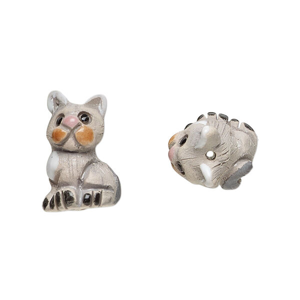 Bead, glazed ceramic, multicolored, 19x14mm hand-painted cat. Sold per pkg of 2. image number 0