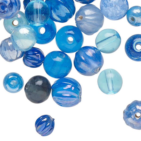 Bead mix, glass, translucent multi-blue, 6-10mm round. Sold per 2-ounce pkg, approximately 80 beads. image number 0