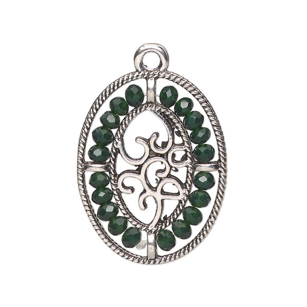Drop, antique silver-finished "pewter" (zinc-based alloy), emerald green, 28x21.5mm oval with hearts and beaded border. Sold per pkg of 2. image number 0