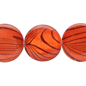 Mother-of-pearl shell 1pkg1, puffed flat round / black stripe bead 15 inch red-orange 19-20mm