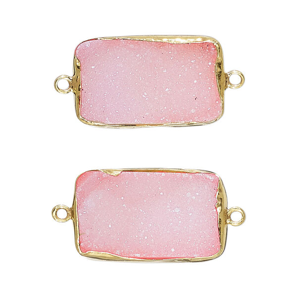 Link, druzy agate (dyed) and gold-finished sterling silver, pink, 22x13mm single-sided rectangle. Sold per pkg of 2. image number 0