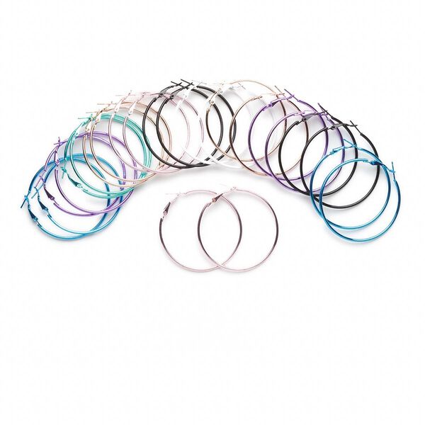 Earring, painted steel and stainless steel, assorted colors, 50mm round hoop with hinged closure. Sold per pkg of 12 pairs. image number 0