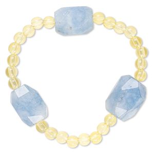 Bracelet, stretch, quartz (dyed) and acrylic, yellow and blue, 5mm round and medium to large faceted nugget, 7 inches. Sold individually.