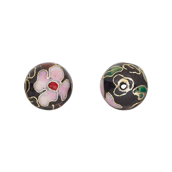 Bead, cloisonné, enamel and gold-finished copper, black / pink / red, 12mm round with flower design. Sold per pkg of 10. image number 0