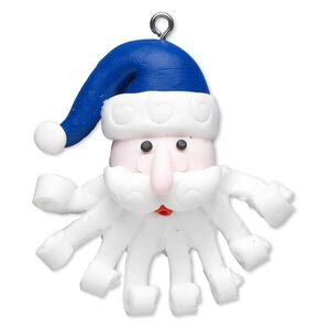Ornament, polymer clay and imitation rhodium-finished steel, multicolored, 52x31mm Santa Claus head. Sold individually.