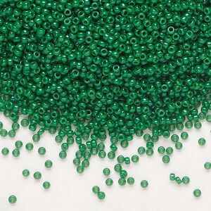 Seed bead, Miyuki, glass, pkg/250g, #15 rocaille, opaque outside dyed green, (RR-1481).