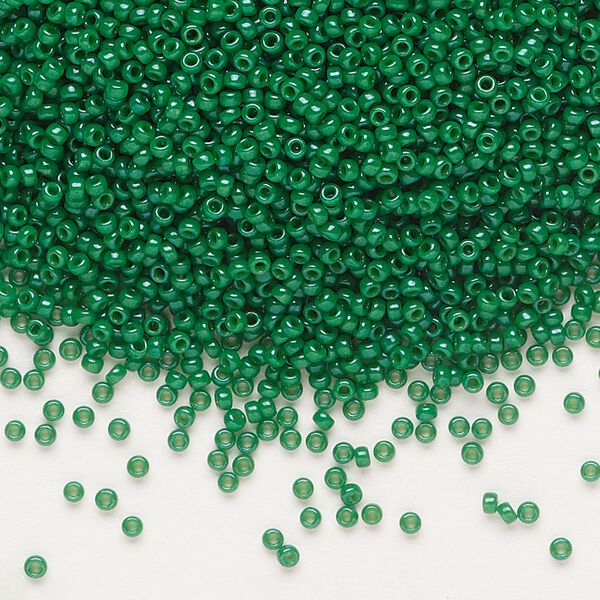 Seed bead, Miyuki, glass, pkg/250g, #15 rocaille, opaque outside dyed green, (RR-1481). image number 0