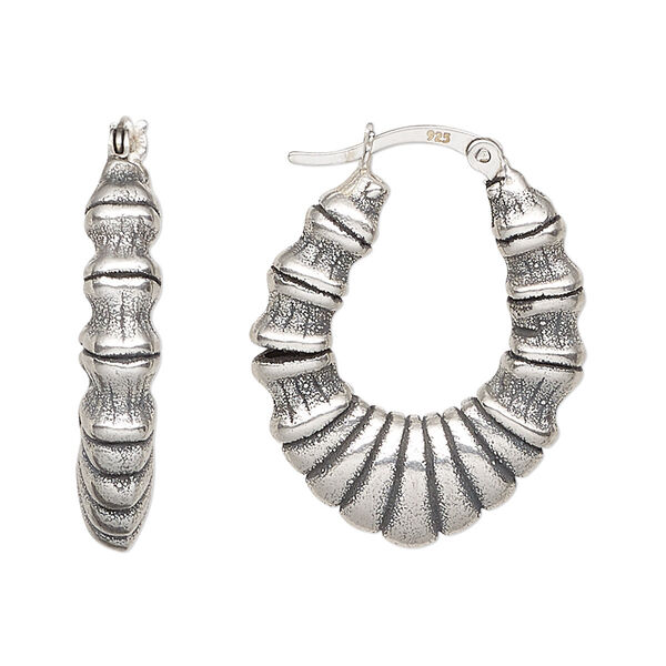 Earring, antiqued sterling silver, electroformed, 29mm oval hoop with latch-back closure. Sold per pair. image number 0